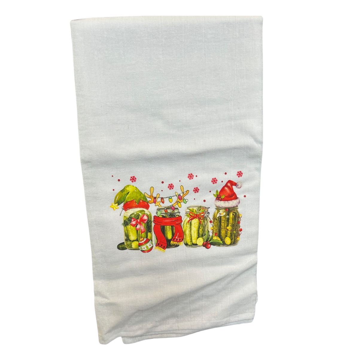 Flour Sack Christmas Pickle Jar Snow Tea Towel