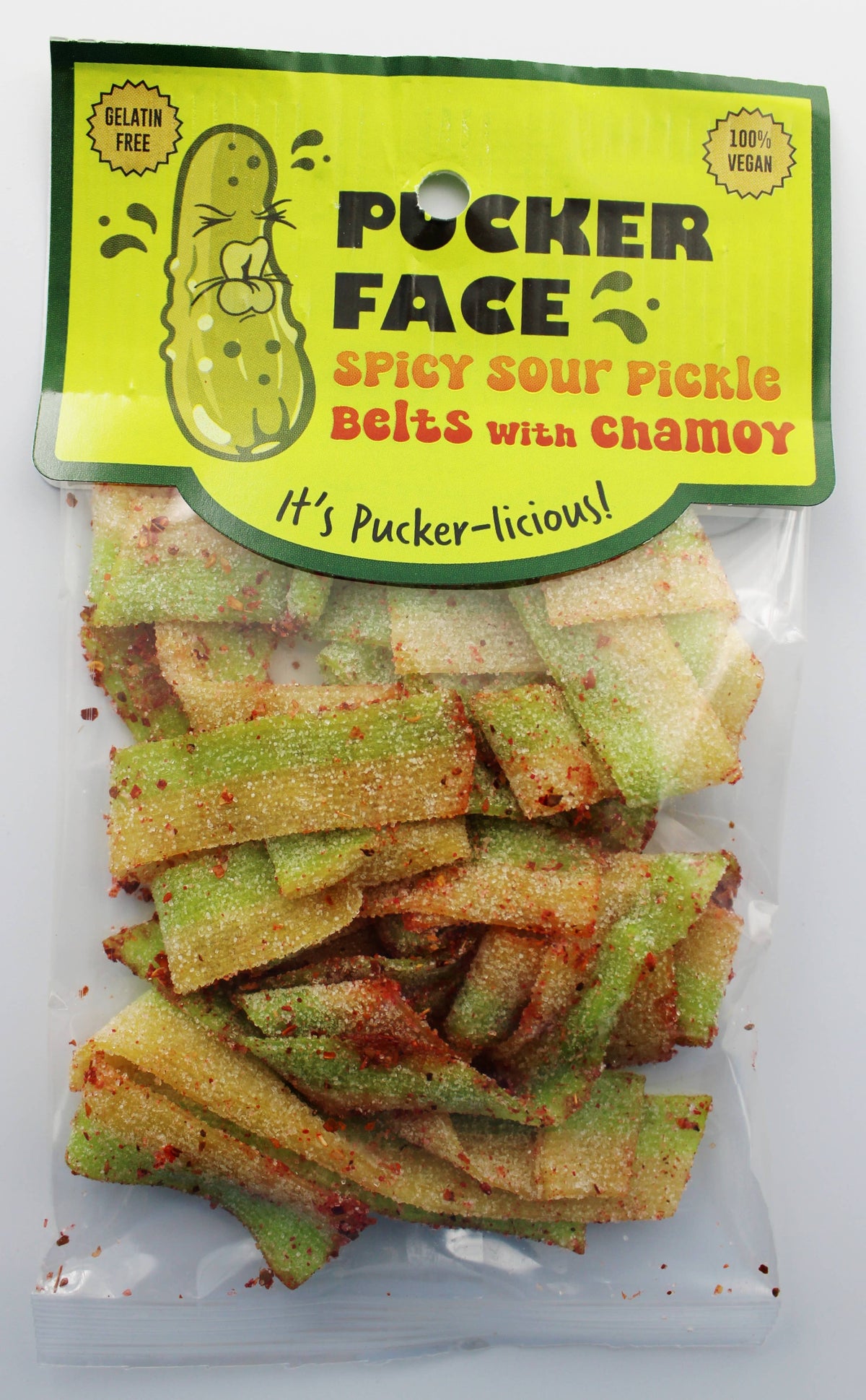Pucker Face Pickle Belts with Chamoy 2 oz